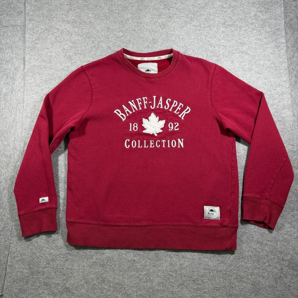 Roots Sweatshirt Mens L Burgundy Banff Jasper Crewneck Cotton Maple Leaf Canada